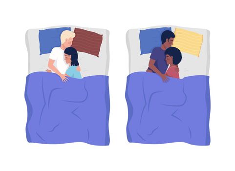 Happy couples sleeping in beds semi flat color vector characters set