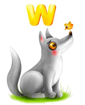 Good cartoon wolf with the letter of the alphabet
