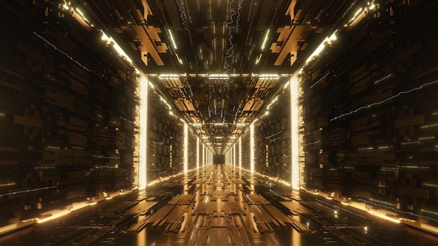 3d rendering gold Digital futuristic neon tunnel