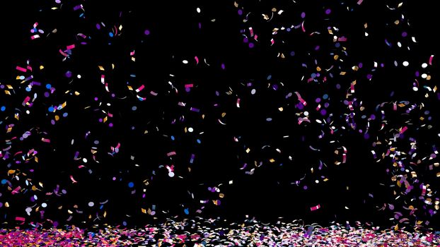 A fountain of colorful confetti falling on the floor on an black background