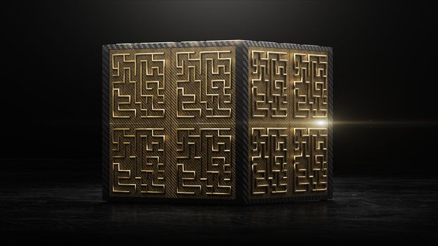 3d render cube with gold and black maze animation inside