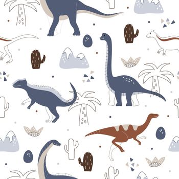 Nordic blue seamless pattern with cute dinosaurs and palm