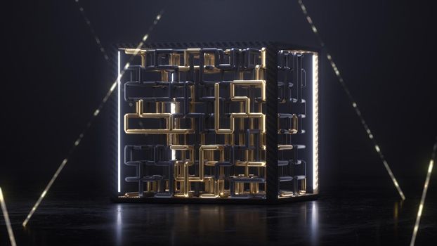 3d render cube with gold and black maze animation inside