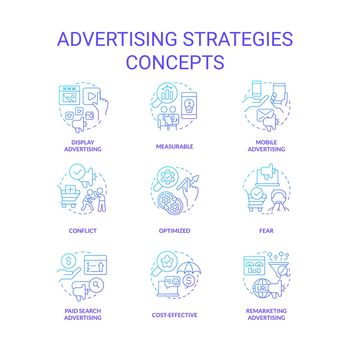 Advertising strategies blue gradient concept icons set