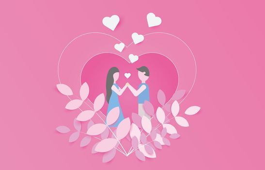 Young couple holding hands in big heart with many heart floating, Wedding love happy congratulation invitation card concept, paper art style.