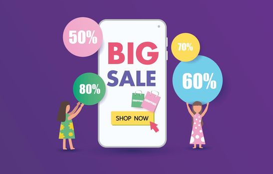 Big Sale on mobile phone for online sale with 2 girls joyful people design for website banner or poster sale. Special offer final sale banner, up to 50-80% off. Vector illustration.
