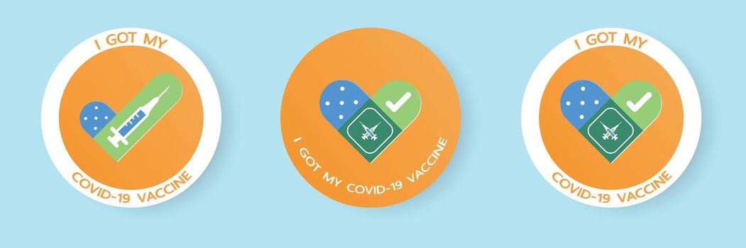 Vaccination round badges with quote - I got my vaccine. Coronavirus vaccine stickers label vector of Vaccinated People with medical plaster as heart symbol. Vector illustration