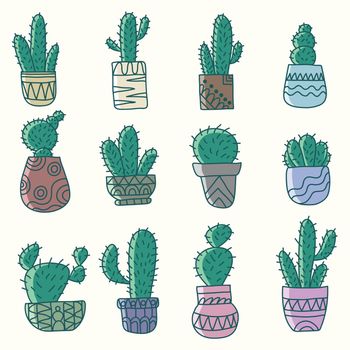 Cactus pot hand drawn elements collection vector illustration