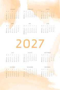 Orange 2027 calendar template on background with pastel handdrawn watercolor brush strokes. Calendar design for print and digital. Week starts on Sunday
