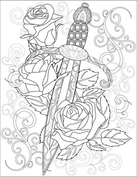Small Dagger With Flowery Background Colorless Line Drawing. Tiny Knife With Sharp Blade Surrounded By Rose And Vines Coloring Book Page.