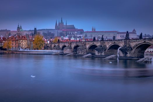Charles bridge and Vltava river at evening, Medieval Prague, Czech Republic