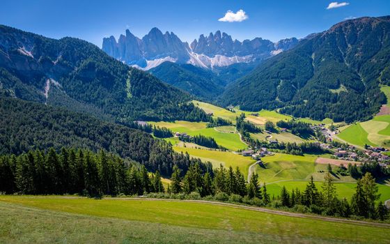 Idyllic Val di Funes neat St. Magdalena, Dolomites alps in Northern Italy