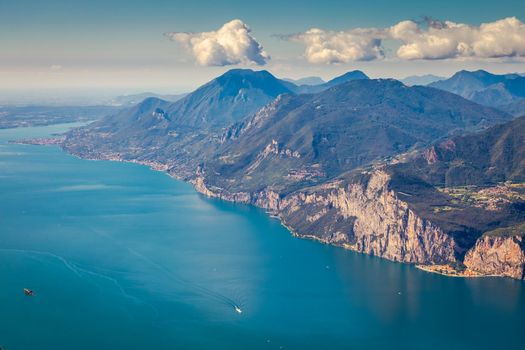 Above idyllic and turquoise Lake Garda from Monte Baldo, Malcesine, Italy