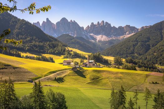 St. Magdalena village with famous church in Val di Funes, Dolomites , Italy