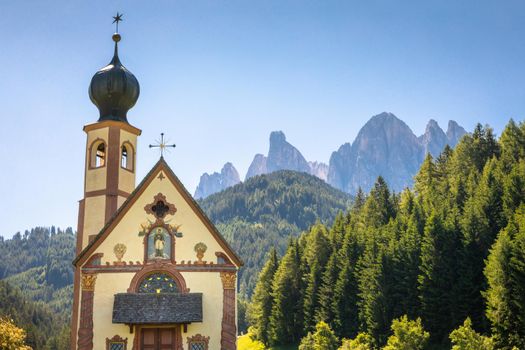 St Johann Church in idyllic Santa Maddalena, Dolomites, Italy