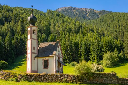 St Johann Church in idyllic Santa Maddalena, Dolomites, Italy