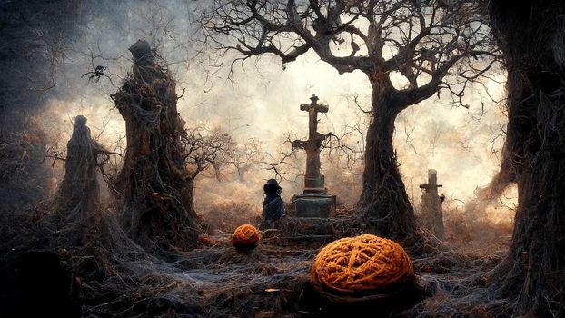 Halloween background. Spooky forest pumpkin in graveyard.