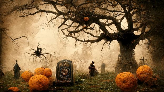 Halloween background. Spooky forest pumpkin in graveyard.