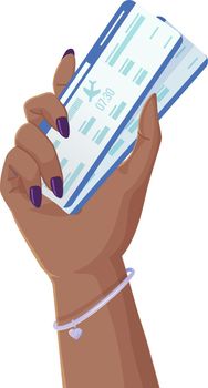 Black woman hand holding two airplane tickets. Vacation, fly travel, world journey concept. Illustration in realistic cartoon style
