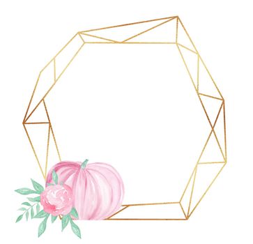 Gold polygonal frame with pink pumpkin isolated on white background. Thanksgiving day border