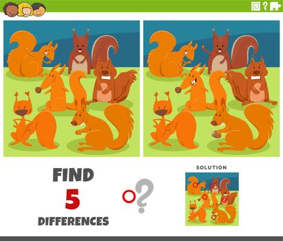 differences game with cartoon squirrels animal characters