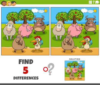 Cartoon illustration of finding the differences between pictures educational task with farm animal characters in the meadow