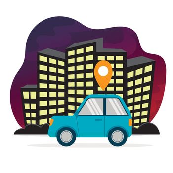 simple two-door blue coupe car side view with a location icon on top drives against the backdrop of night city skyscrapers in a bubble isolated on white background flat graphic