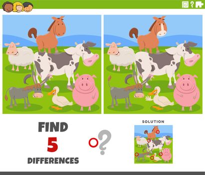 Cartoon illustration of finding the differences between pictures educational game with farm animals