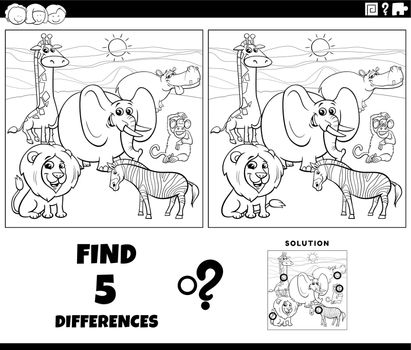 Black and white cartoon illustration of finding the differences between pictures educational game with wild animal characters coloring page