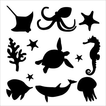 Underwater animals silhouettes set vector illustration isolated on white background. Sea fishes collection