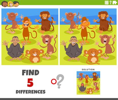 differences game with cartoon monkeys animal characters