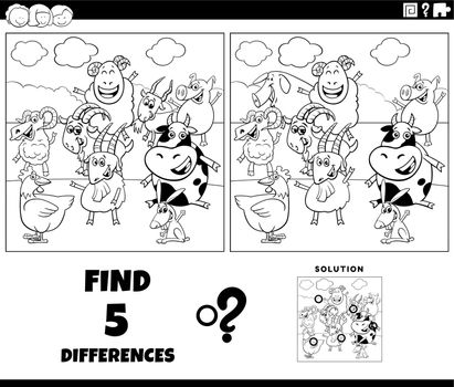 Black and white cartoon illustration of finding the differences between pictures educational game with farm animal characters coloring page