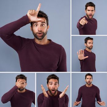 Its great to be silly sometimes. Composite shot of a young man expressing different types of facial expressions inside of a studio.