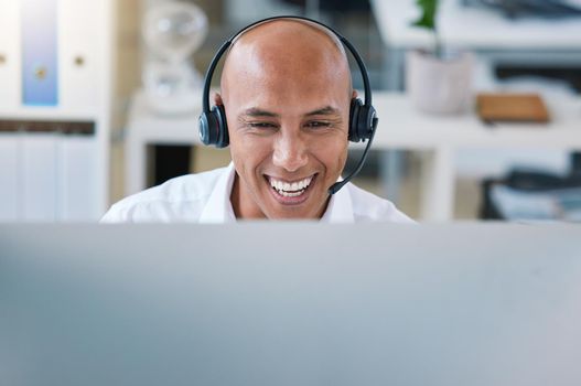 Customer support, receptionist or call center agent consulting with wireless headset. Happy telemarketer working in ecommerce with technology. Smiling hotline operator doing crm communication.