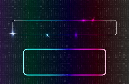 Neon colored frames on the background of binary code, abstract backdrop. 