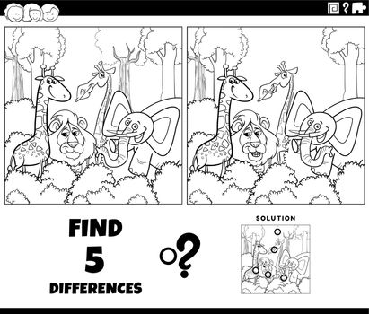 Black and white cartoon illustration of finding the differences between pictures educational game with animal characters coloring page