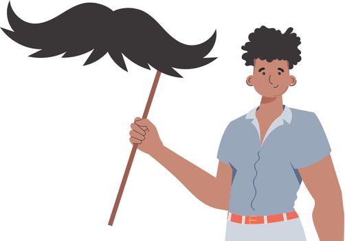 A man holds a mustache on a stick. trendy style. Isolated. Vector.