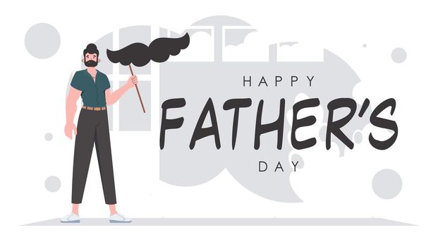 Father's day poster. A man holds a mustache on a stick. trendy style. Vector.