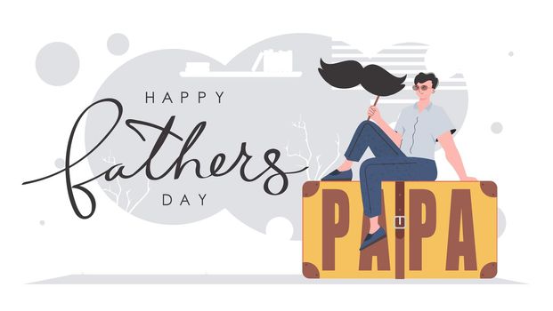 Father's day poster. The guy is holding his mustache on a stick. Cartoon style. Vector illustration.