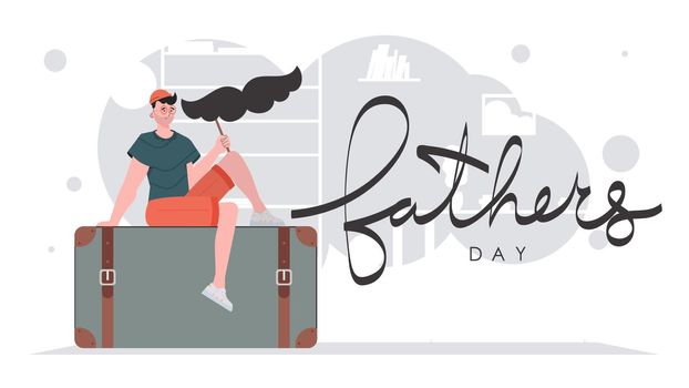Father's day banner. A man holds a mustache on a stick. Cartoon style. Vector.