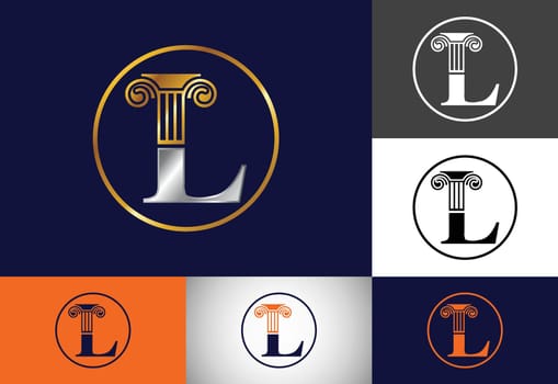 Initial letter L with law pillar logo design. Law office vector logo template