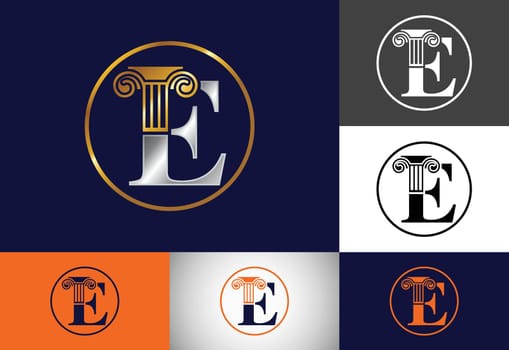 Initial letter E with law pillar logo design. Law office vector logo template