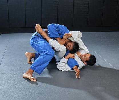 . Mma, martial arts and fighting with a student and teacher grappling on the ground during a lesson or workout in a sports studio. Training, practicing and sparring for self defense and combat sport.