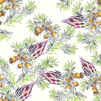 Seamless pattern of pine fir branches of Christmas tree with cones and flowers decorative design element