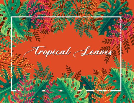 Bright orange background with tropical leaves