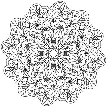 Anti stress mandala coloring page of zen curls and ornate tangles, meditative drawing for Valentine's day