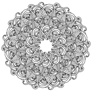 Antistress mandala of many curls and triangles, zen doodle coloring page of various ornate shapes