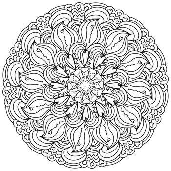 Flower zen mandala with wavy petals and hearts decor, anti stress coloring page with love motives