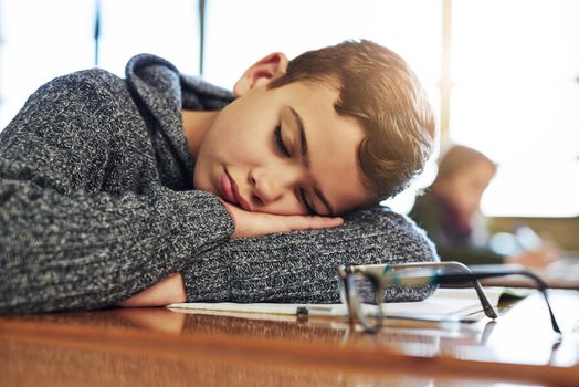 Hes had a long day at school. an elementary schoolboy taking a nap in class.