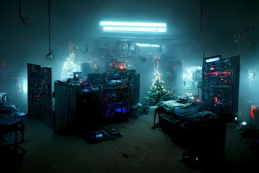 messy cyberpunk hacker hideoutwith cyan christmas lights, neural network generated artdecorations